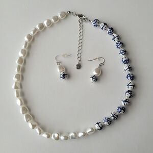 Pearl & Porcelain Bead Necklace and Earring Set